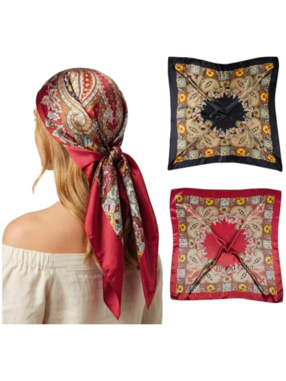Large Satin Head Scarf 2 Pc Silk Bandana Wrap Paisley Pirate Costume Accessory